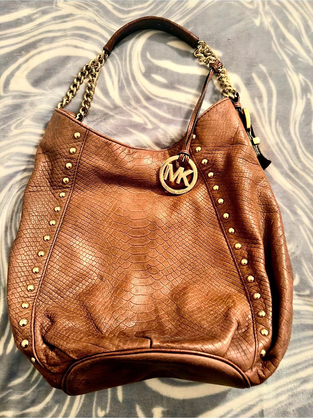 Michael Kors Studded Python Embossed Leather Hobo Bag Brown